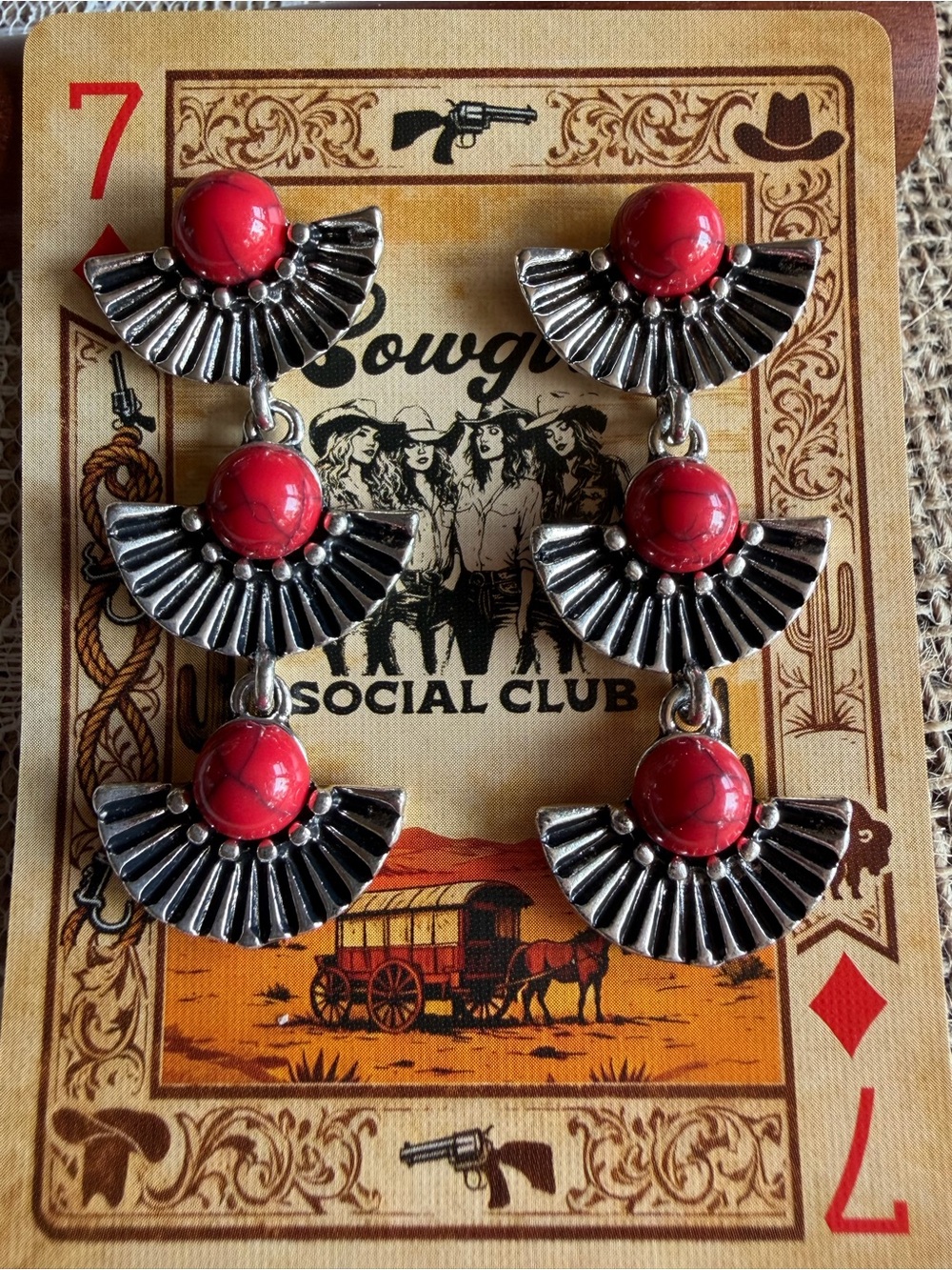 Western Red Turquoise Tiered Fan Earrings Silver Cowgirl Boho Statement NEW